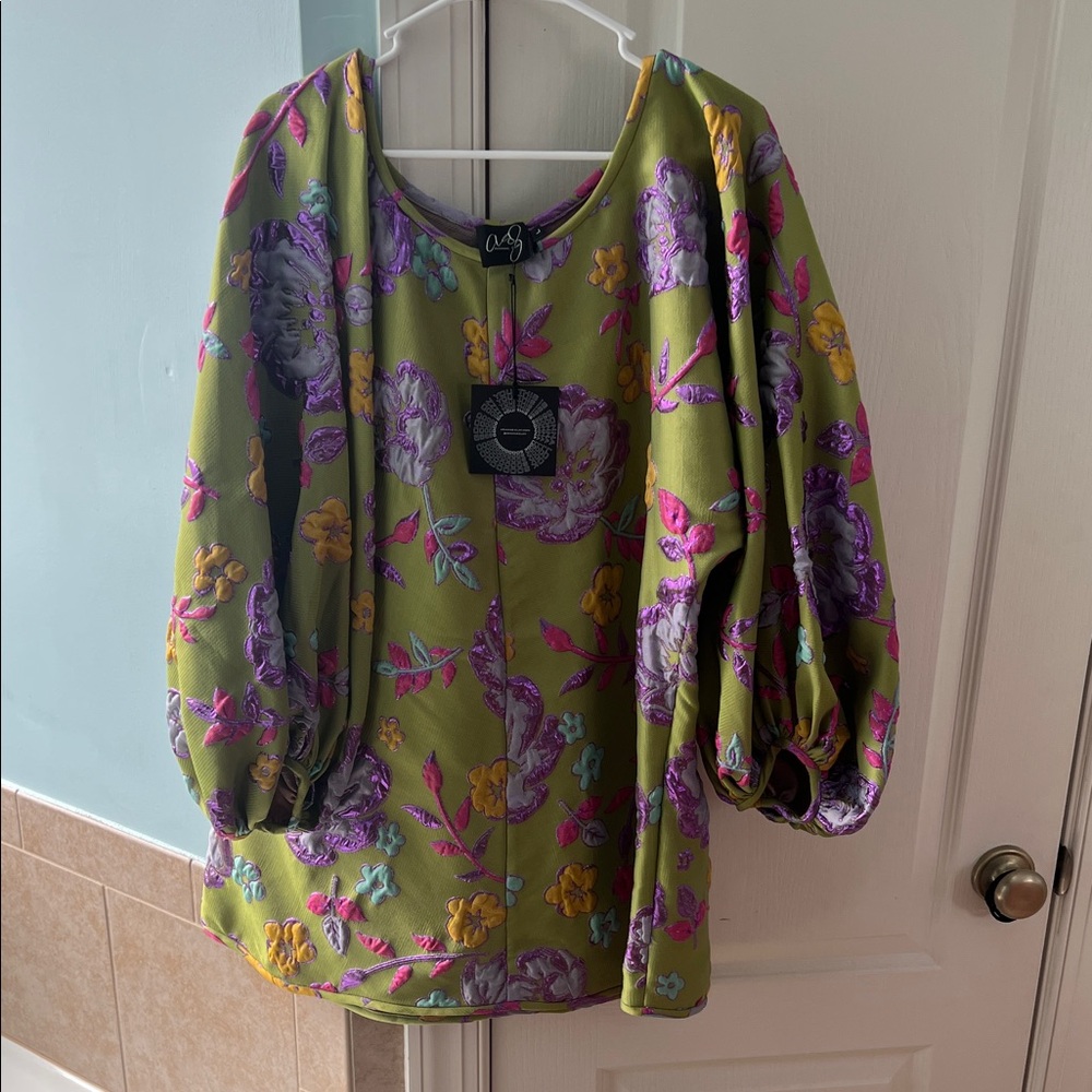 Arianna Elmy Olive Green Floral Puff-Sleeve Good Luck Dress